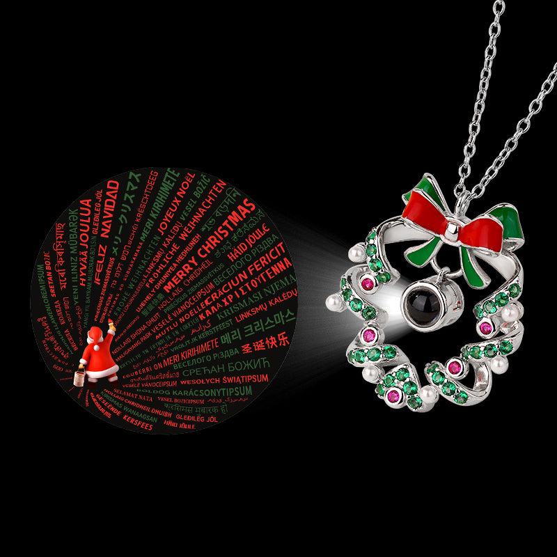 Christmas Festive Jewelry Set Wreath Projection Necklace with Cute Elk and Santa Claus Earrings