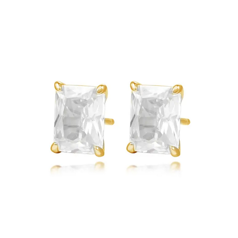 925 Sterling Silver 18K Gold Plated Square Shape Emerald Cut Zirconia Stud Earrings