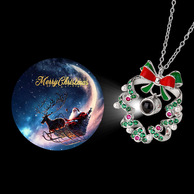 Christmas Festive Jewelry Set Wreath Projection Necklace with Cute Elk and Santa Claus Earrings