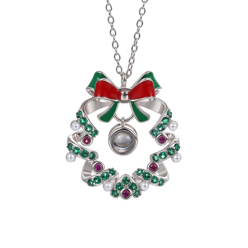 Christmas Festive Jewelry Set Wreath Projection Necklace with Cute Elk and Santa Claus Earrings
