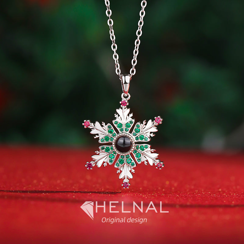Festive Christmas Jewelry Set Snowflake Projection Necklace with Elk and Santa Claus Earrings