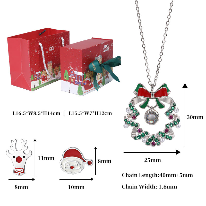 Christmas Festive Jewelry Set Wreath Projection Necklace with Cute Elk and Santa Claus Earrings