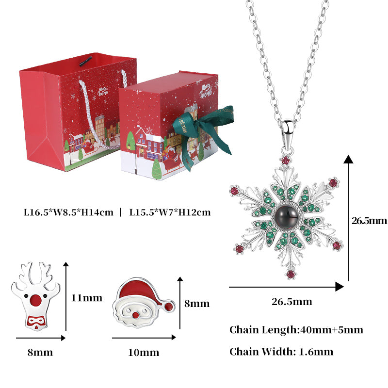 Festive Christmas Jewelry Set Snowflake Projection Necklace with Elk and Santa Claus Earrings