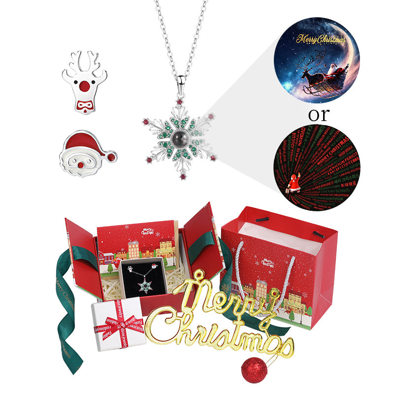 Festive Christmas Jewelry Set Snowflake Projection Necklace with Elk and Santa Claus Earrings