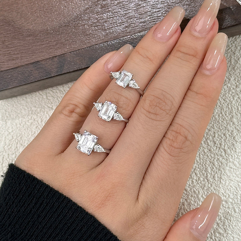 Luxury Emerald Cut Promise Ring 925 Sterling Silver Three-Stone Setting Zircon Rectangle Engagement Rings for Women