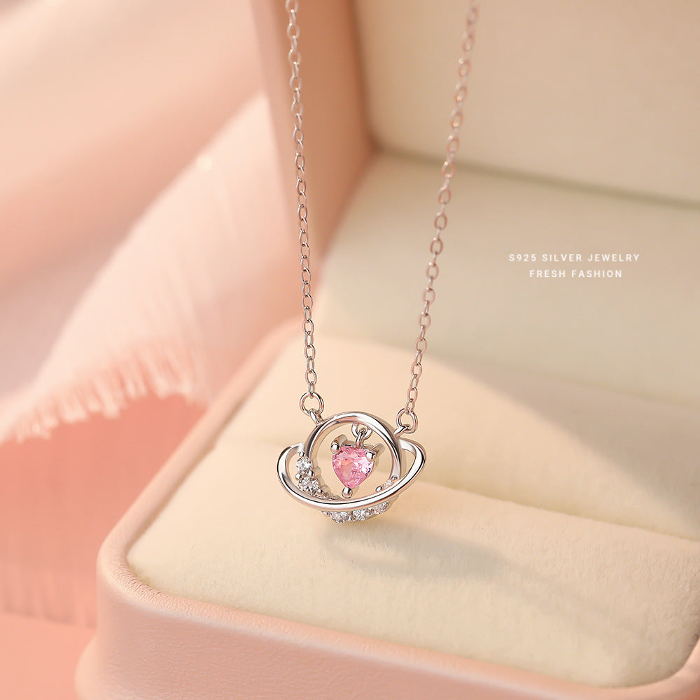 Dainty Wholesale 925 Sterling Silver Heart Necklace Hollow Circle Zircon Pink Heart Pendant Cute Necklace