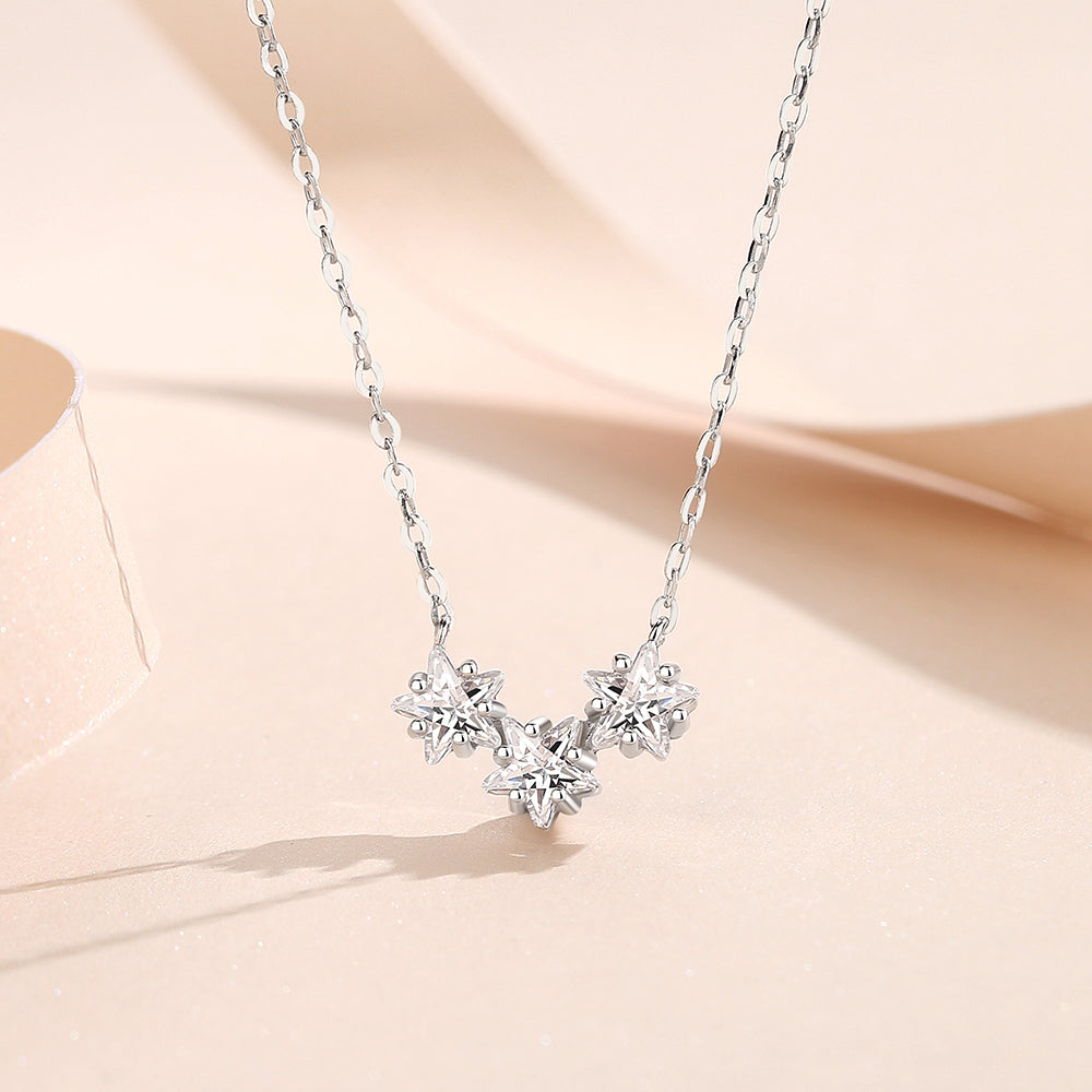 Fashion 999 Sterling Silver Three Stars Necklace Fine Jewelry Pave Shiny CZ Zircon Star Pendant Necklace for Women