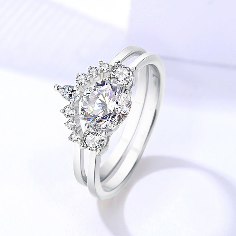 Fashion Ring Set 925 Sterling Silver Double Layer Pave Zircon Moissanite Diamond Promise Ring for Women