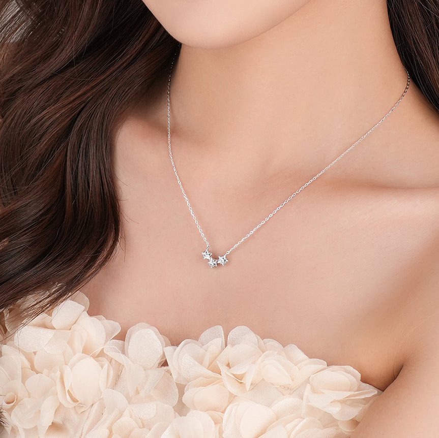 Fashion 999 Sterling Silver Three Stars Necklace Fine Jewelry Pave Shiny CZ Zircon Star Pendant Necklace for Women