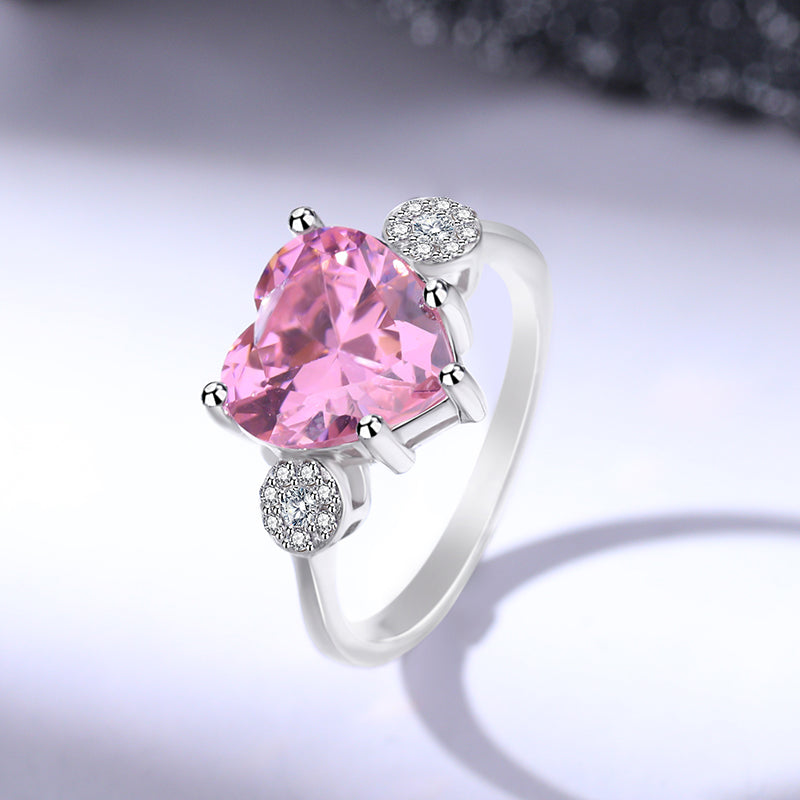 Lunxry 925 Sterling Silver Pave Pink White CZ Zircon Diamond Love Heart Engagement Wedding Ring for Women