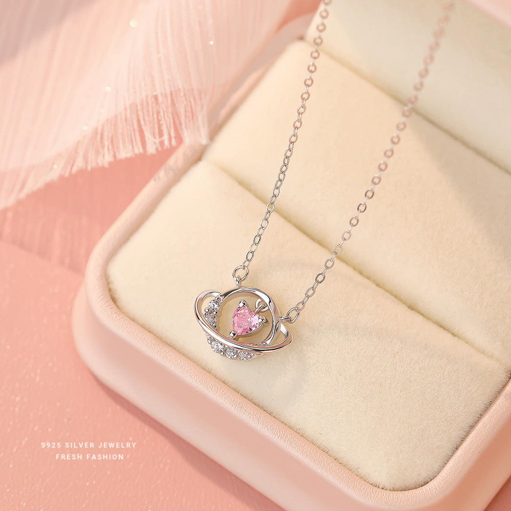 Dainty Wholesale 925 Sterling Silver Heart Necklace Hollow Circle Zircon Pink Heart Pendant Cute Necklace