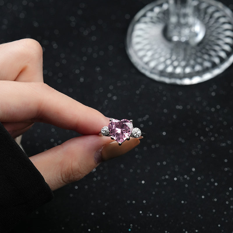 Lunxry 925 Sterling Silver Pave Pink White CZ Zircon Diamond Love Heart Engagement Wedding Ring for Women