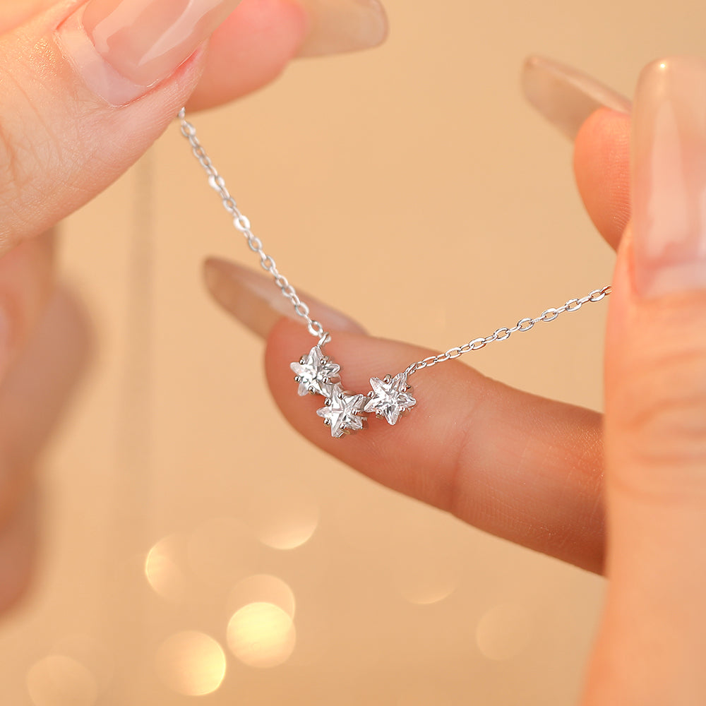 Fashion 999 Sterling Silver Three Stars Necklace Fine Jewelry Pave Shiny CZ Zircon Star Pendant Necklace for Women