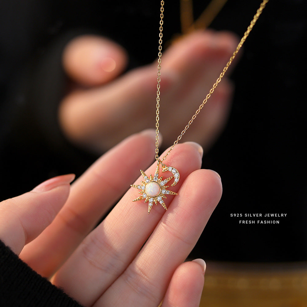 Fashion Necklace 925 Sterling Silver Eight Pointed Star Crescent Moon Opal Bead Pendant Necklace