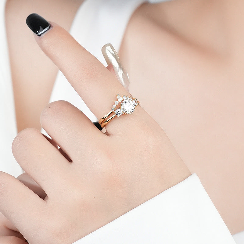 Fashion Ring Set 925 Sterling Silver Double Layer Pave Zircon Moissanite Diamond Promise Ring for Women