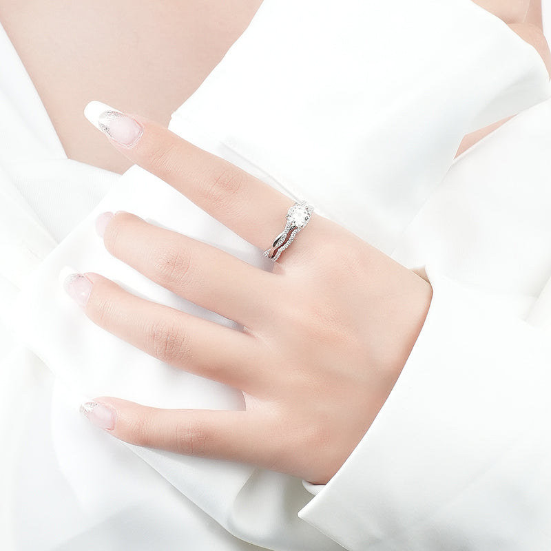 Fashion 925 Sterling Silver Double Layer Round Brilliant Cut 1ct Moissanite Rings Engagement Diamond Ring for Woman