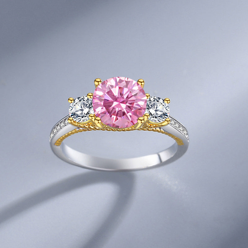 Fashion Three Stone Setting Jewelry 925 Sterling Silver Two-Tone Plating Moissanite Engagement Ring for Women