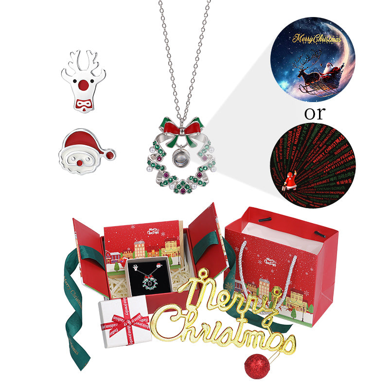 Christmas Festive Jewelry Set Wreath Projection Necklace with Cute Elk and Santa Claus Earrings