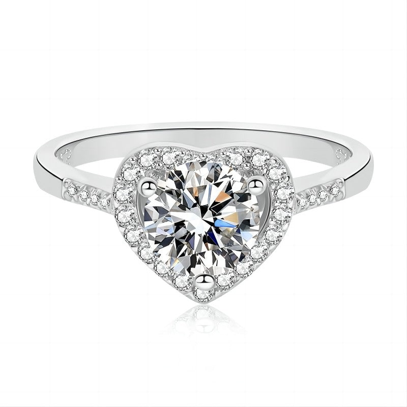 K658 Heart Round Shape Moissanite 1 Carat S925 Silver Platinum Plated Ring