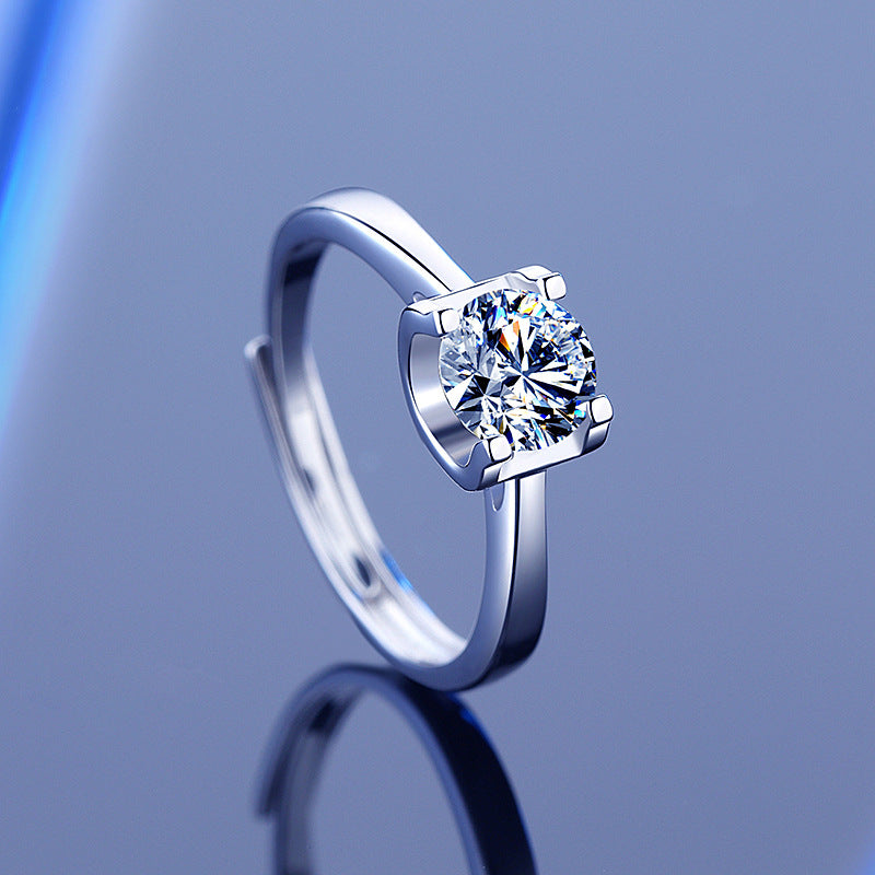 K185K Adjustable Round Shape Moissanite 1 Carat S925 Silver Platinum Plated Ring
