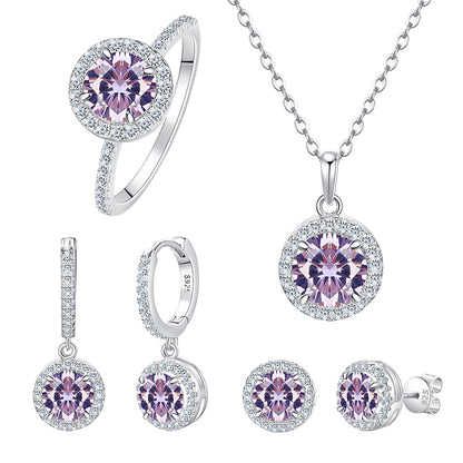Romantic 925 Sterling Silver Round Brilliant Cut 12 Birthstone Light Purple Zircon Jewelry Set