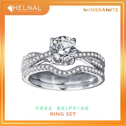 K1150 Eternal Round Shape Moissanite 1 Carat S925 Silver Platinum Plated 2 in 1 Ring Set