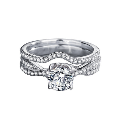K1150 Eternal Round Shape Moissanite 1 Carat S925 Silver Platinum Plated 2 in 1 Ring Set