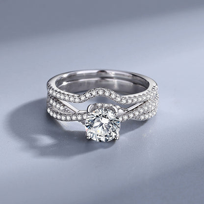 K1150 Eternal Round Shape Moissanite 1 Carat S925 Silver Platinum Plated 2 in 1 Ring Set